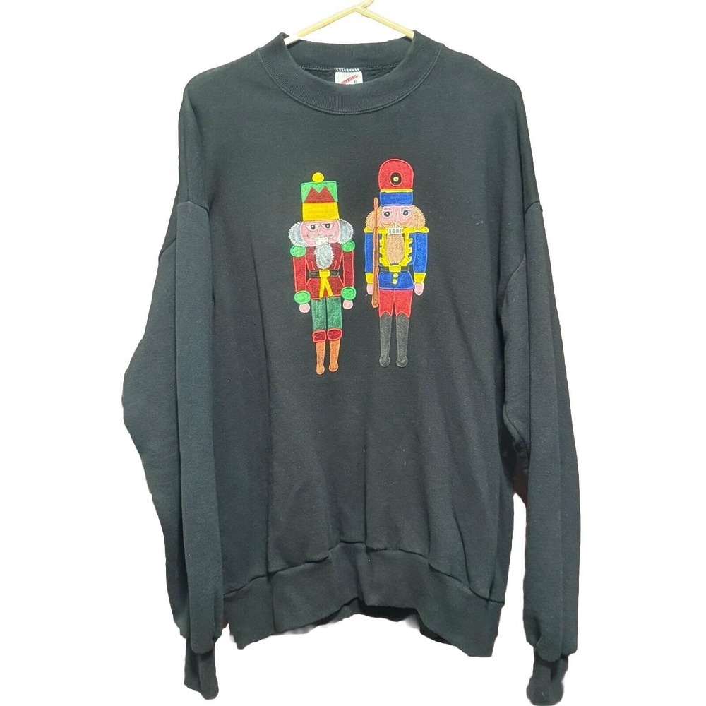 Vintage Jerzees Nutcracker Christmas Sweatshirt Black XL Made in USA Embroidered